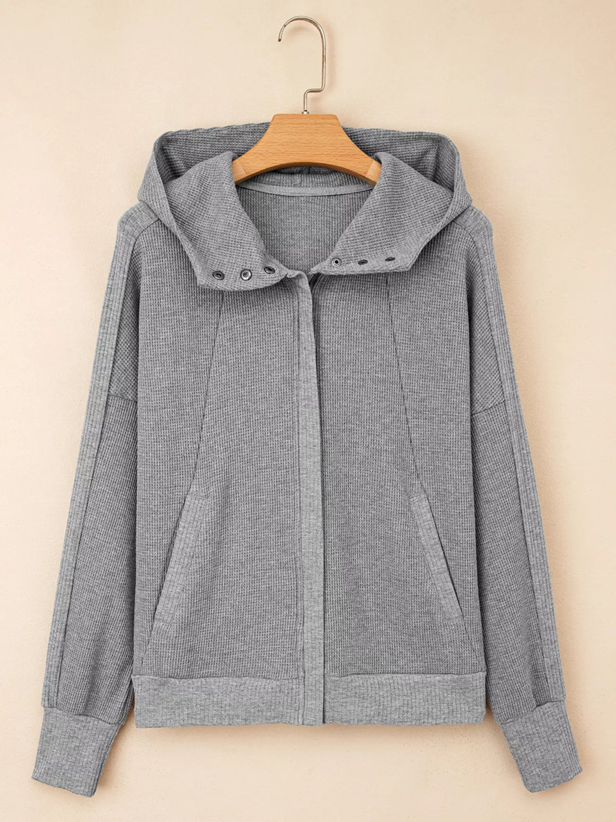 Waffle Splicing Zip Up Front Button Hooded Jacket in Gray, view 5
