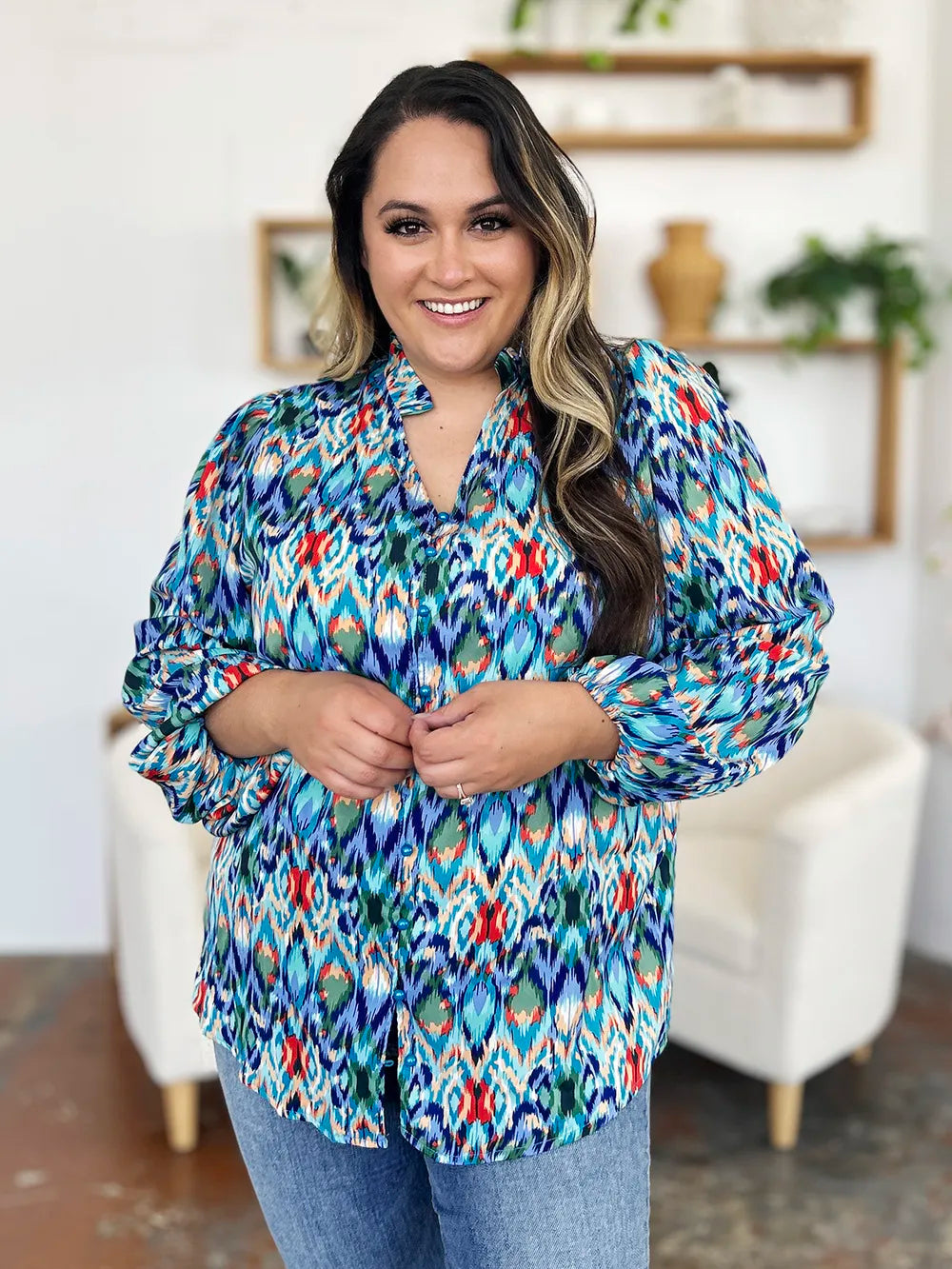 Double Take Full Size Printed Balloon Sleeve Blouse - Lilixa.store