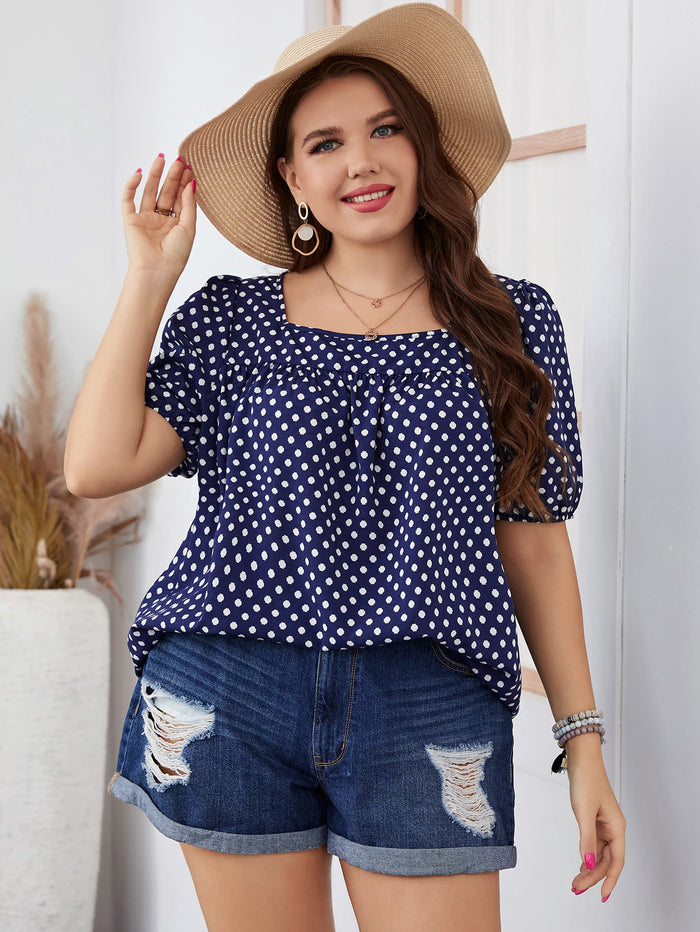 Honey Plus Size Polka Dot Square Neck Blouse in Dark Blue