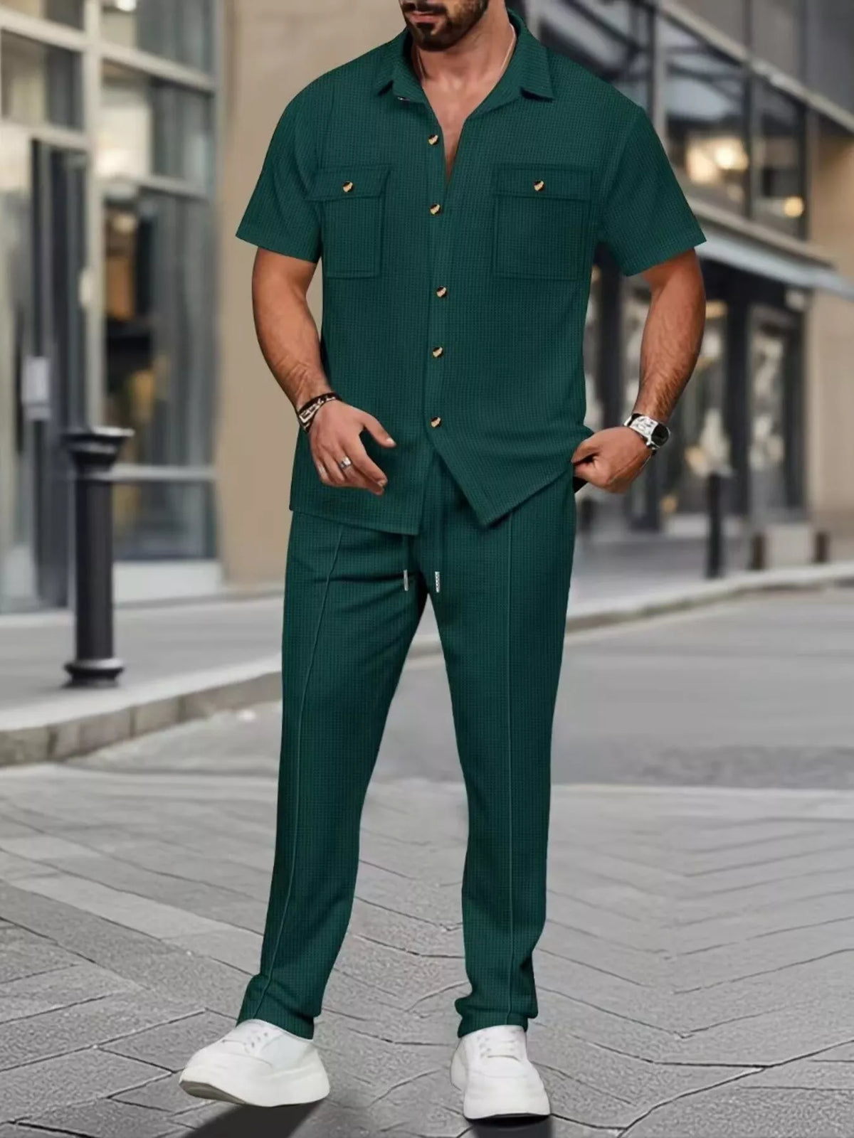 Men's Full Size Casual Short Sleeve Shirt and Pants Set Plus Size in Dark Green