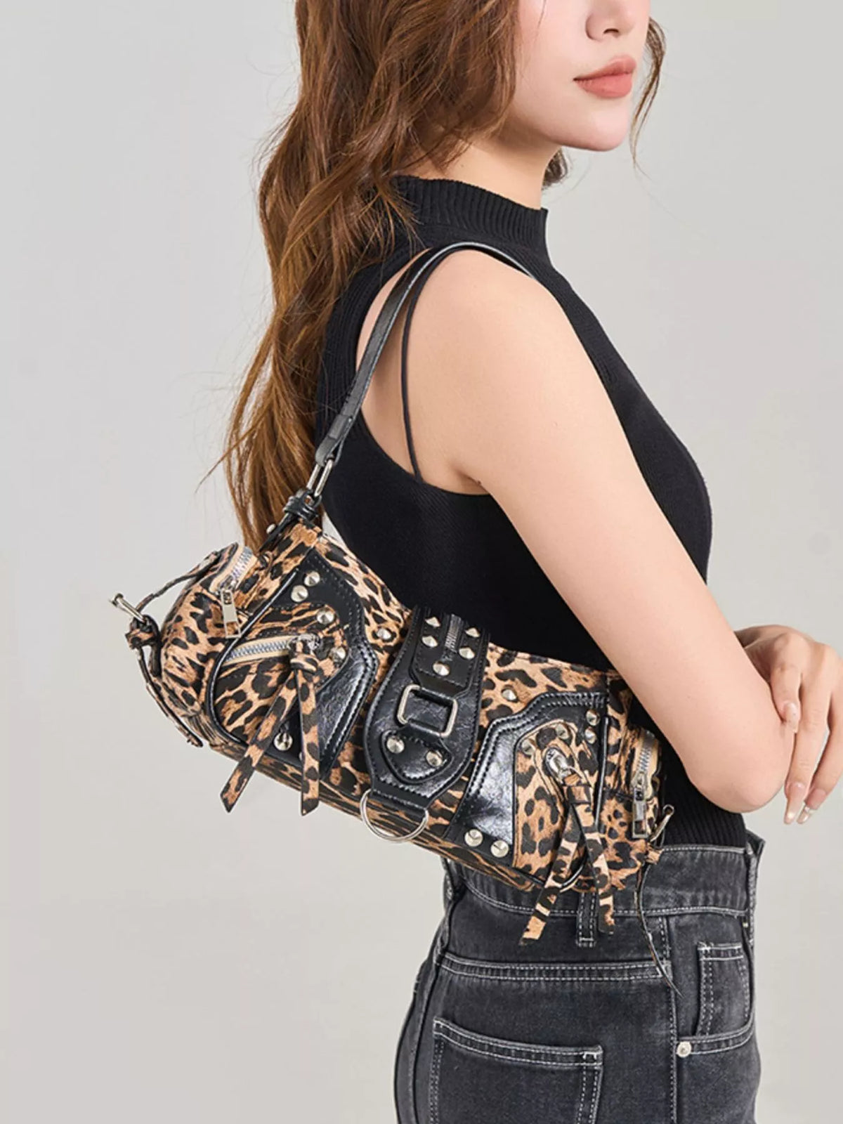 Leopard Print Buckle Shoulder Bag