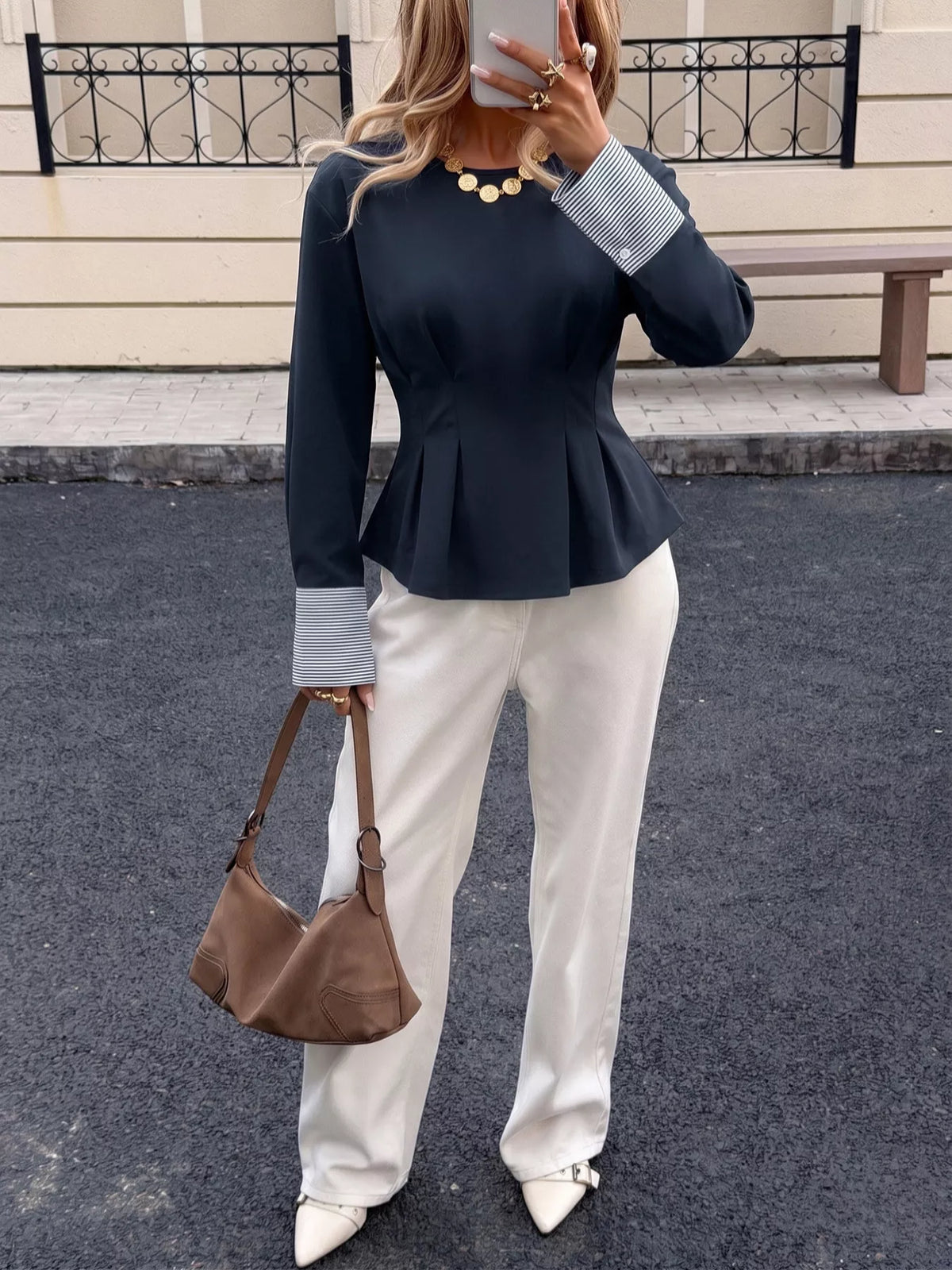 Round Neck Peplum Top with Striped Cuffs in Dark Blue, view 5