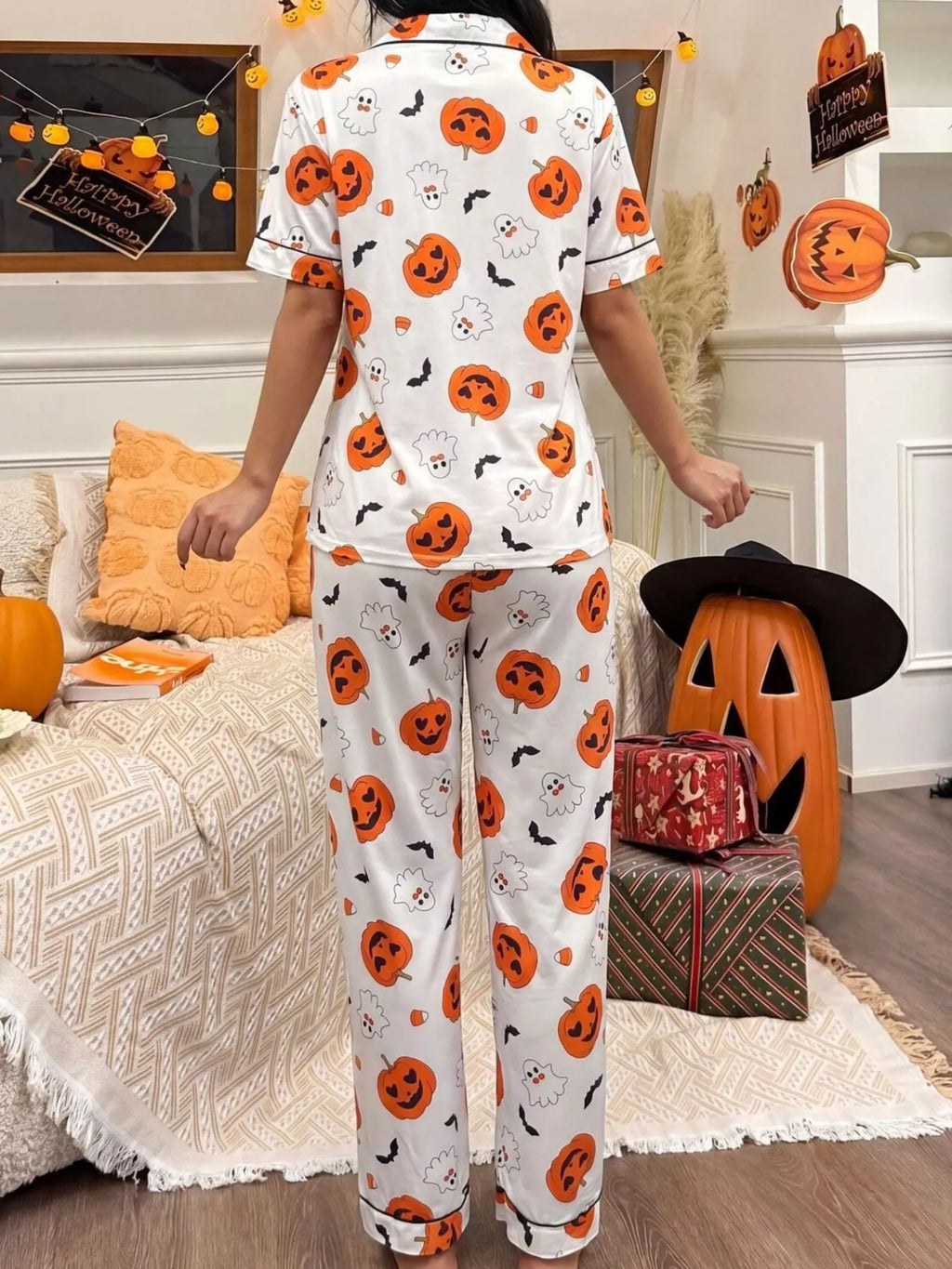 Halloween Pumpkin Print Button-Down Top and Pants Set - Lilixa.store