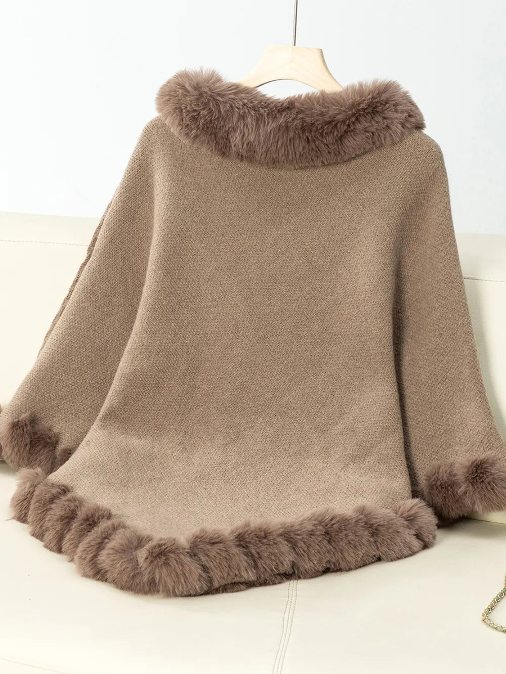 Fuzzy Trim Texture Three-Quarter Sleeve Poncho - Lilixa.store