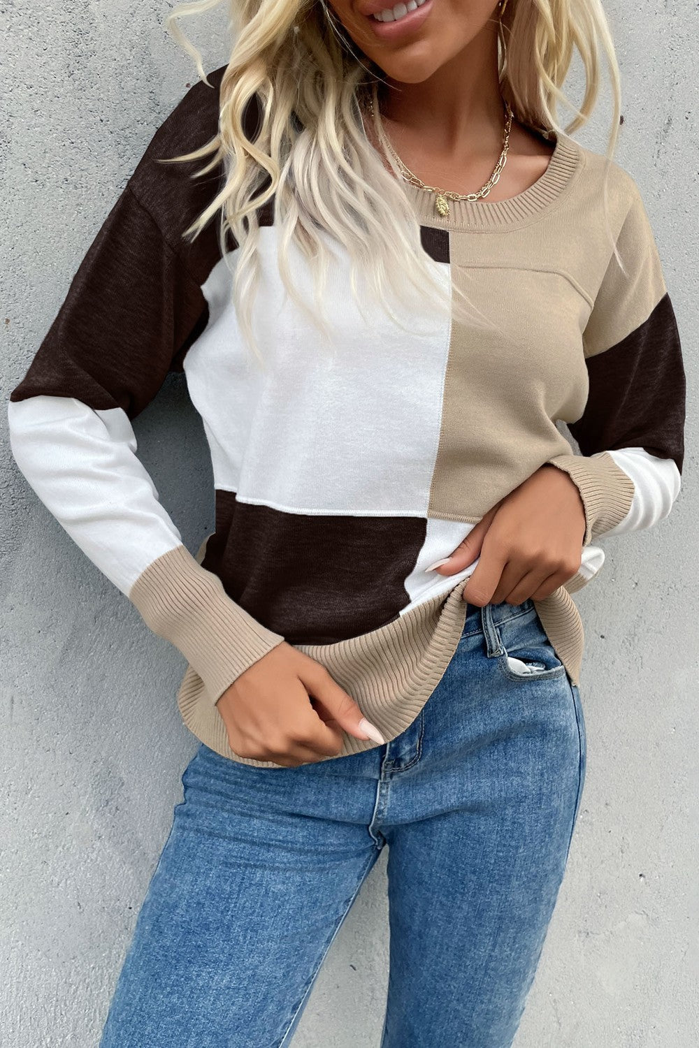 Perfee Color Block Ribbed Trim Round Neck Knit Pullover - Lilixa.store