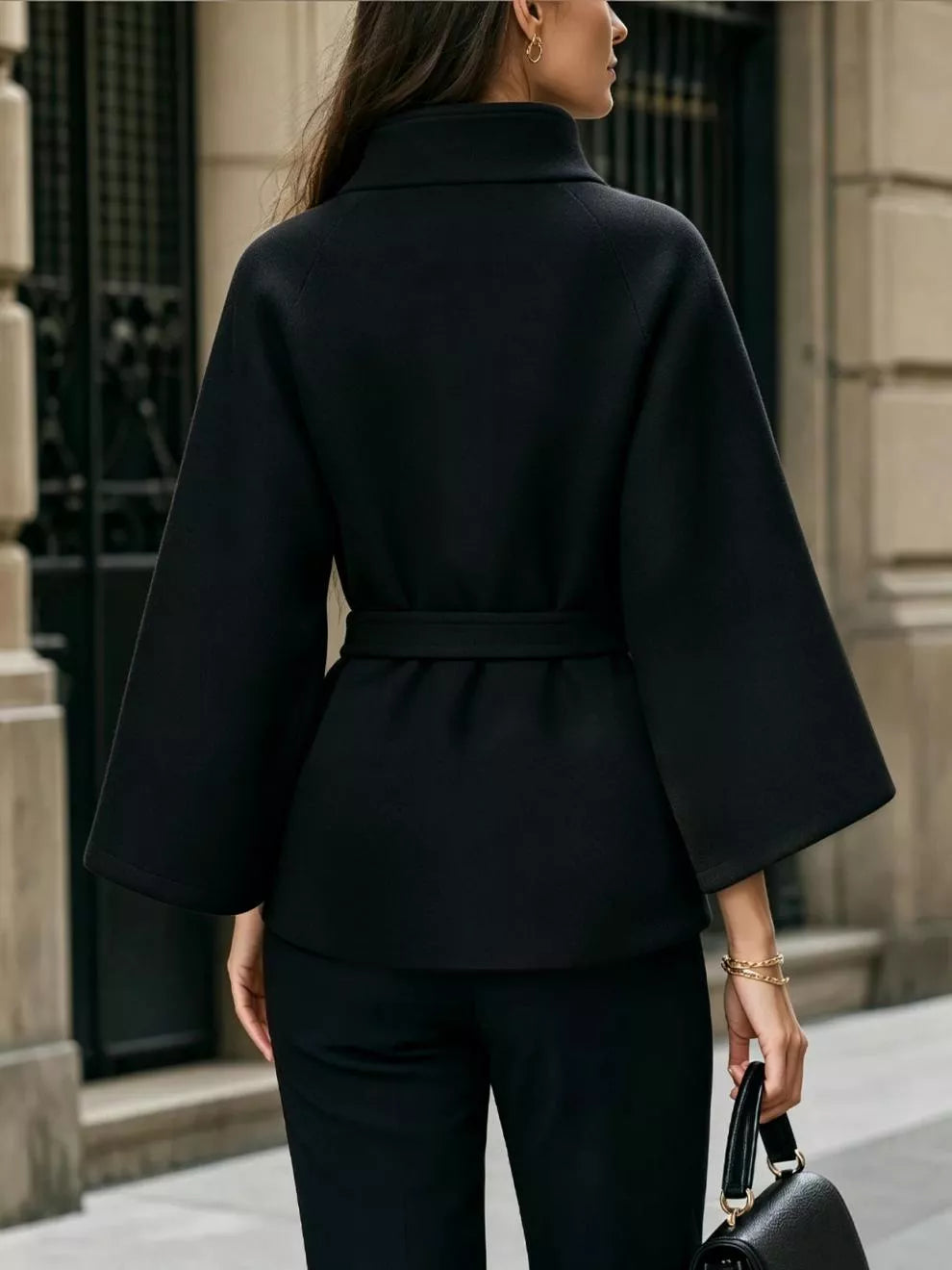 Button Down Cape Coat with Belted Waist, view 5