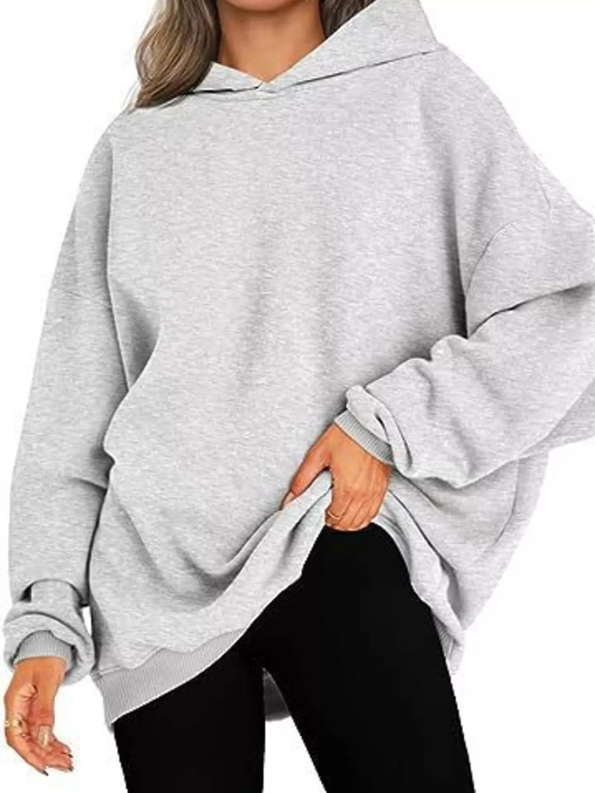 Drop Shoulder Long Sleeve Hoodie in Gray