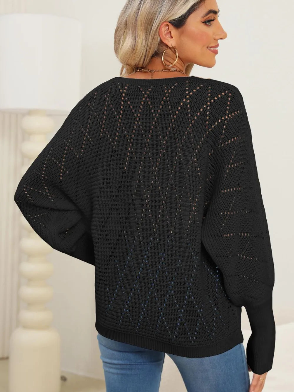 Lace Detail V-Neck Long Sleeve Sweater - Lilixa.store