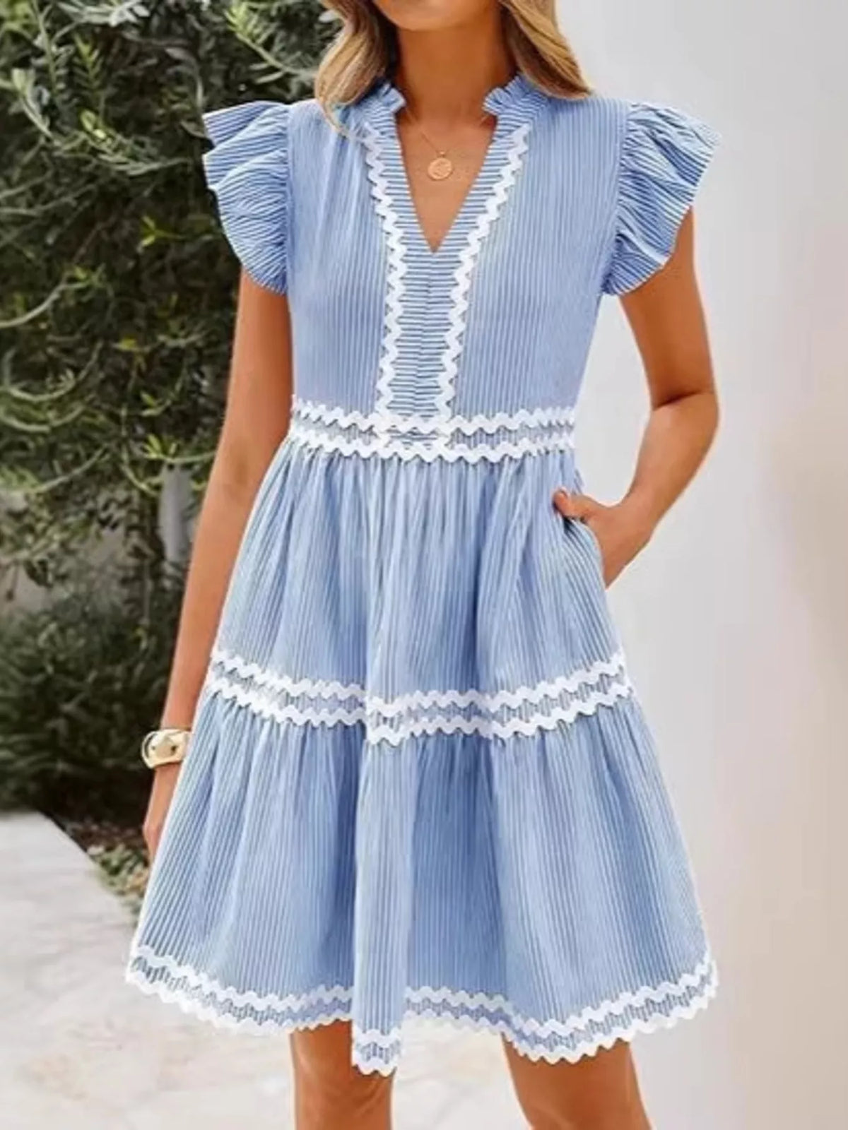 Striped Ruffle Sleeve Tiered Dress in White