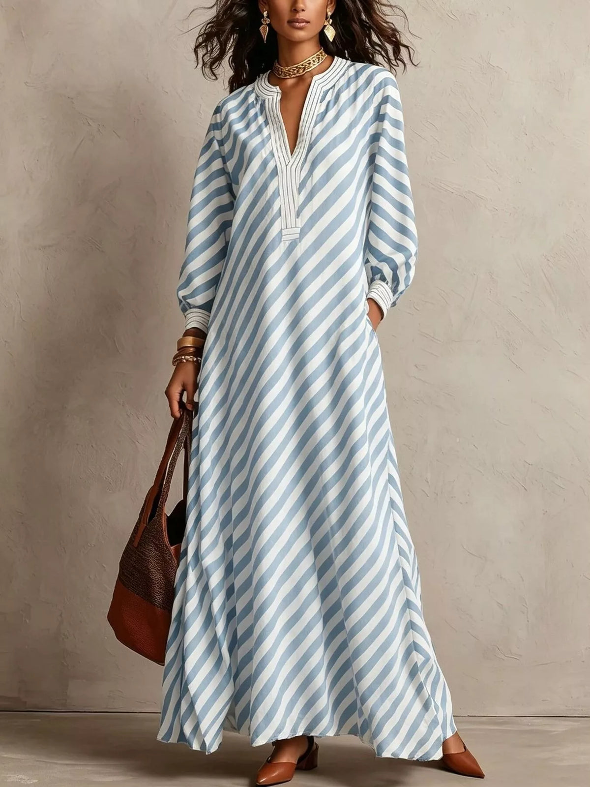 Striped Long Sleeves Maxi Dress - Lilixa.store