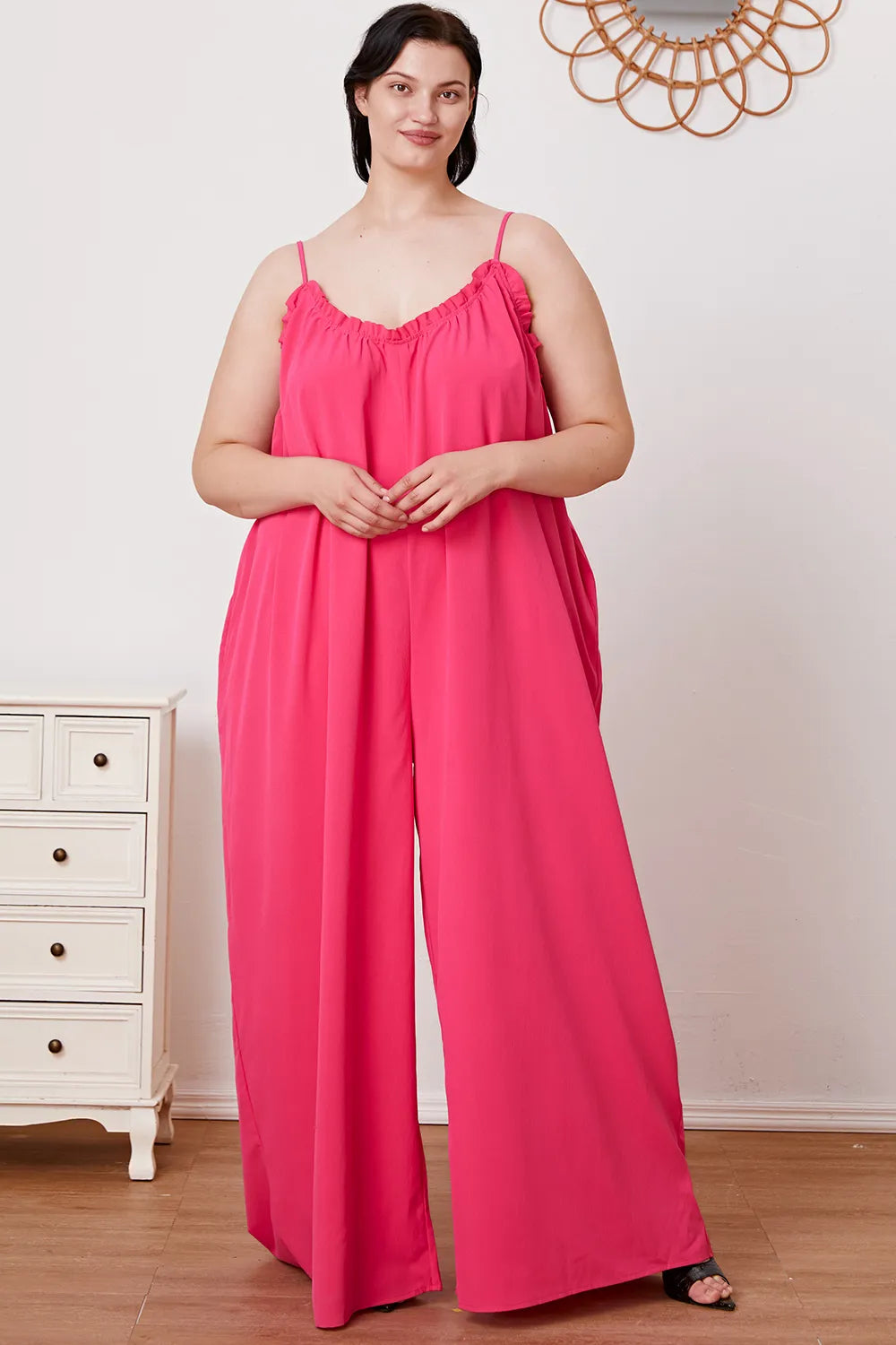 Double Take Full Size Ruffle Trim Tie Back Cami Jumpsuit with Pockets - Lilixa.store