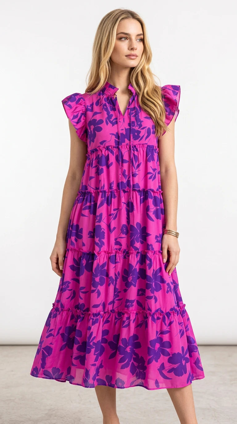 Oh Full Size Floral Ruffled Cap Sleeve Loose Flowy Summer Vacation Tiered Midi Dress Plus Size in Red-Violet