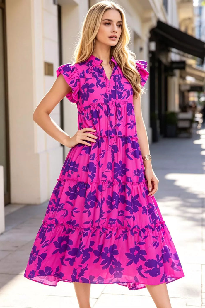 Oh Full Size Floral Ruffled Cap Sleeve Loose Flowy Summer Vacation Tiered Midi Dress Plus Size in Red-Violet