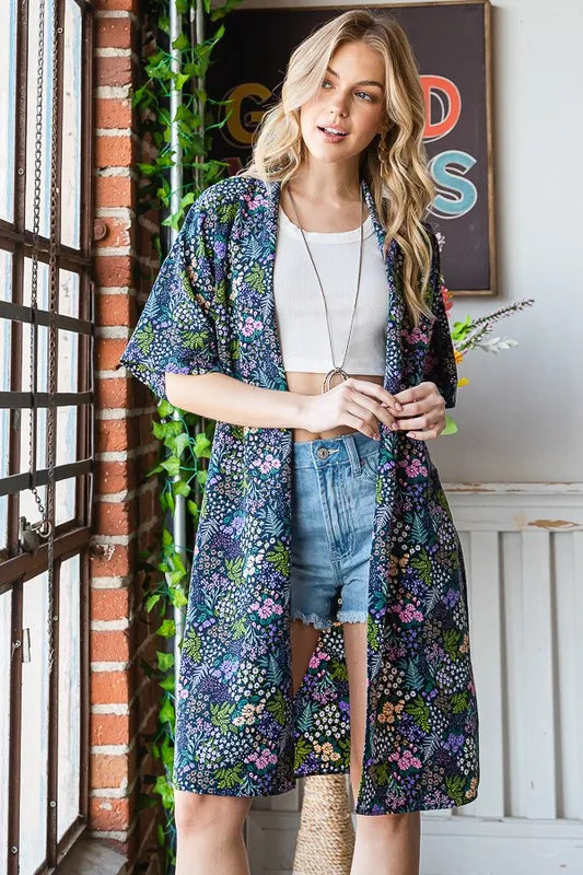 Heimish Full Size Half Sleeve Floral Open Cardigan Plus Size in Navy, view 8