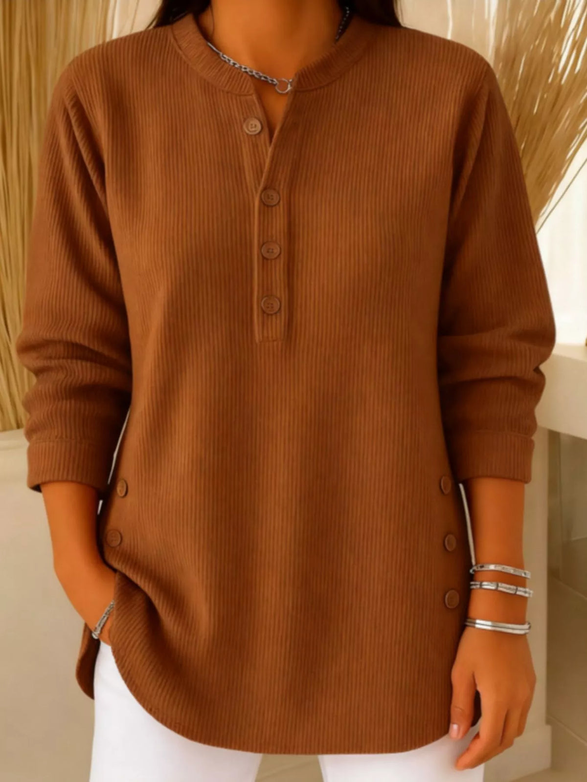 Full Size Button Detail Corduroy Top Plus Size