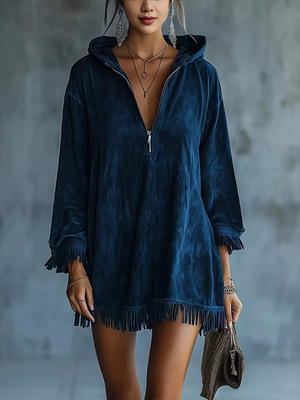 Full Size Hooded Fringed Half Zip Mini Dress Plus Size