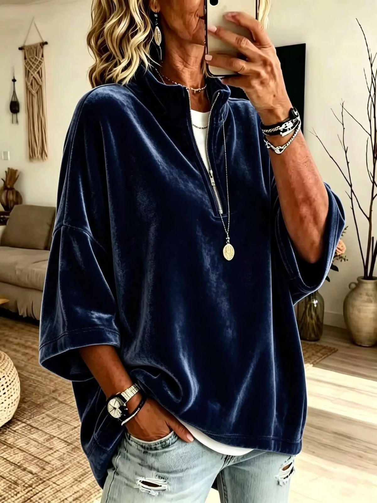 Full Size Velvet Quarter-Zip Sweatshirt Plus Size in Dark Blue