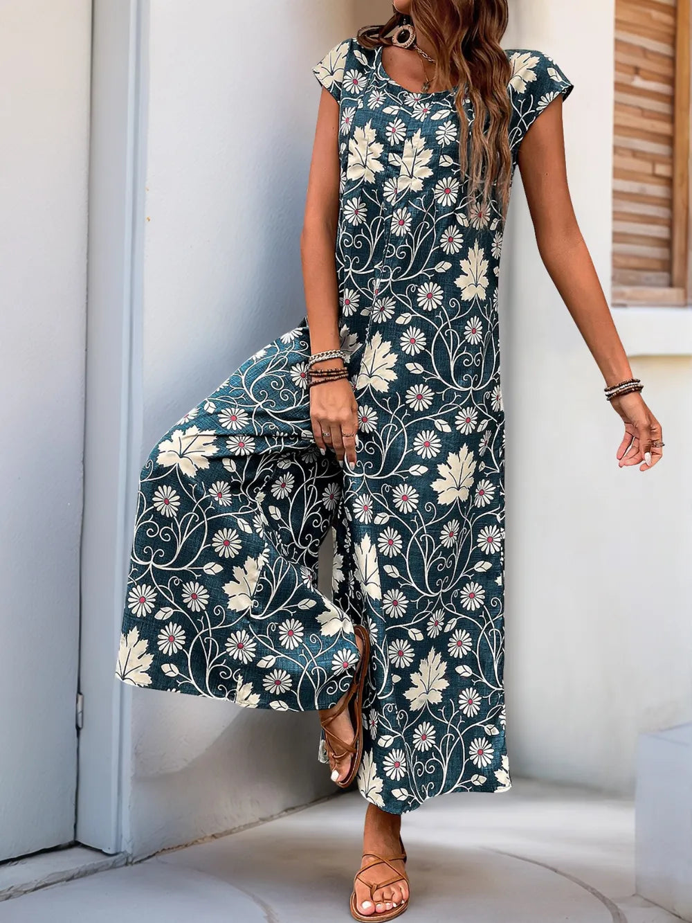 Perfee Printed Round Neck Cap Sleeve Wide Leg Jumpsuit - Lilixa.store