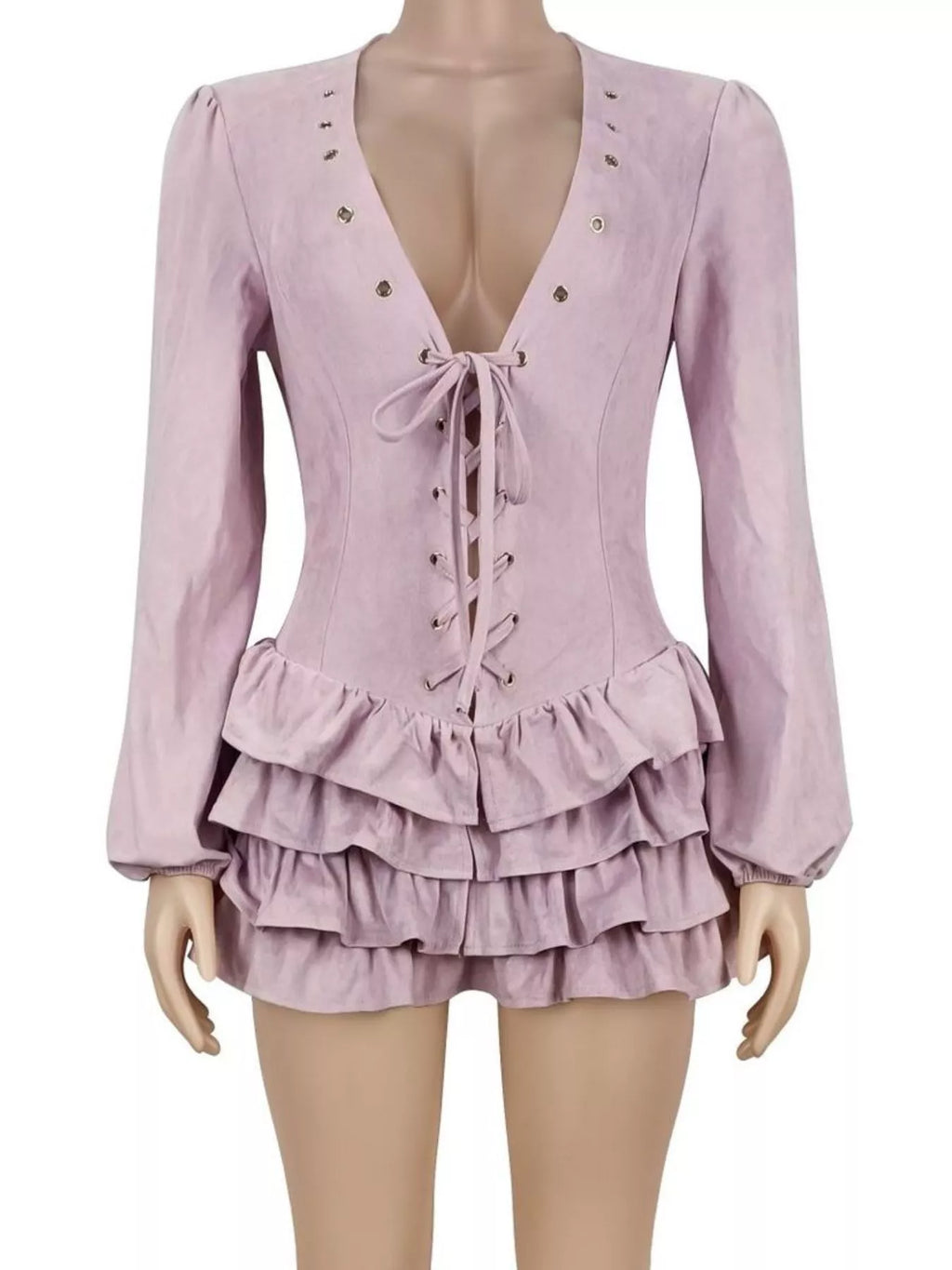Lace-Up Ruffle Hem Long Sleeve Mini Dress - Lilixa.store