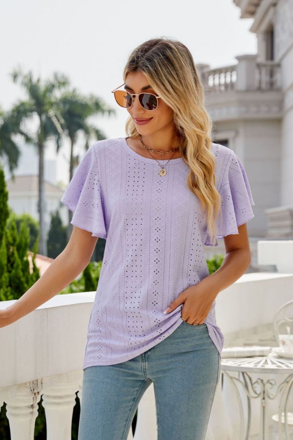 Eyelet Flutter Sleeve Round Neck Top, view 2