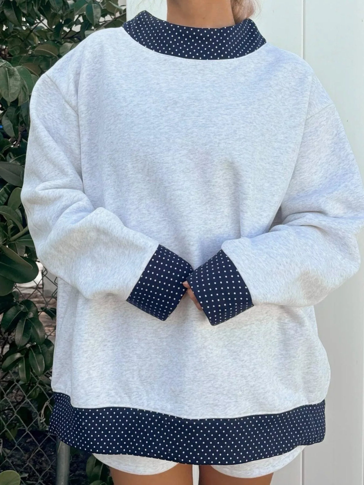 Polka Dot Contrast Trim Dropped Shoulder Sweatshirt - Lilixa.store