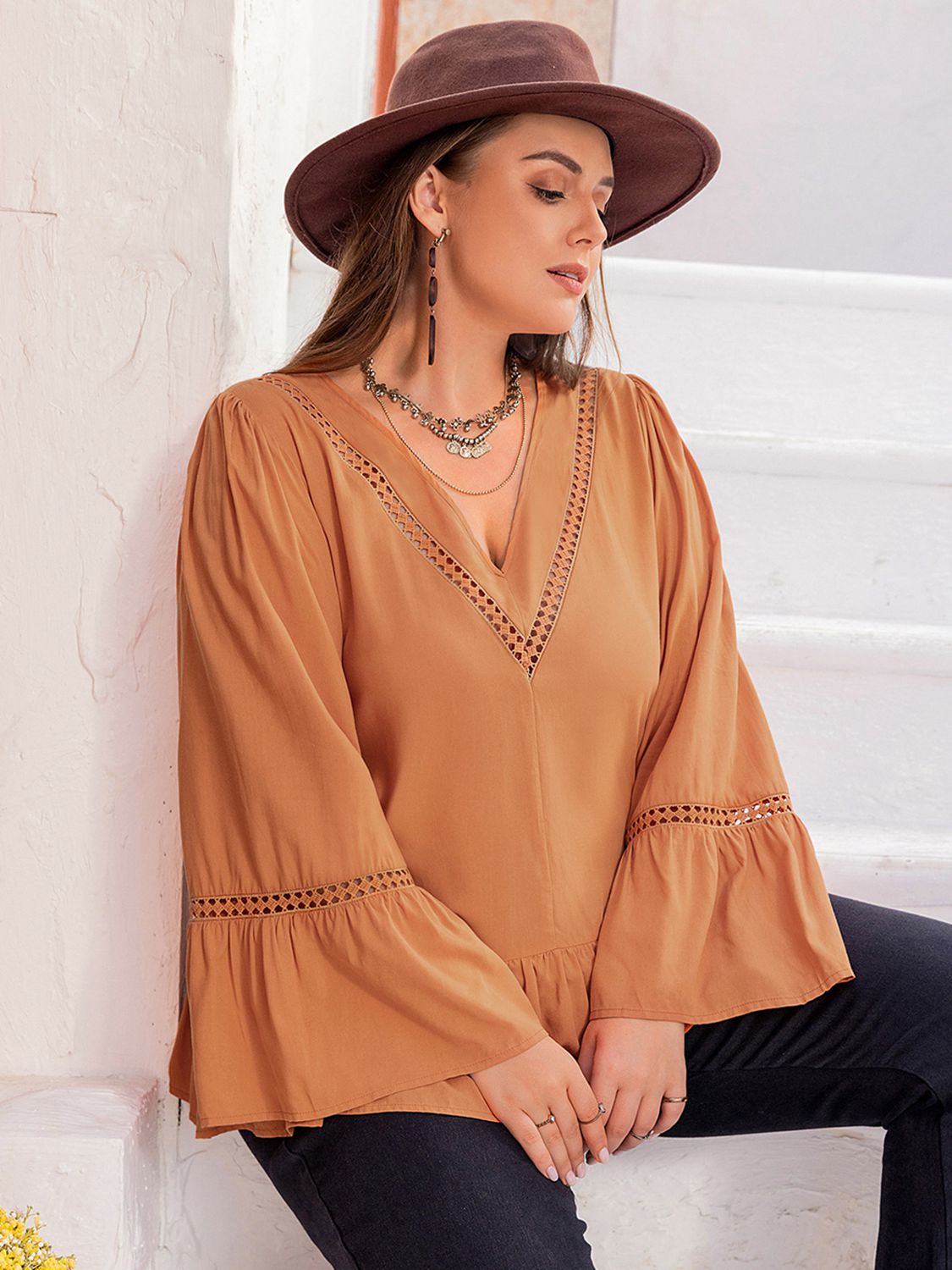 Plus Size V-Neck Peplum Blouse in Caramel, view 4