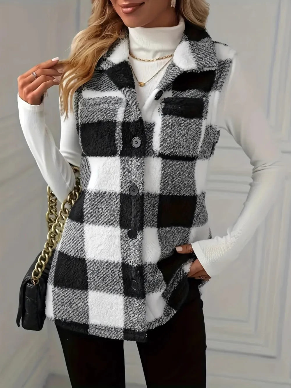 Plaid Button Up Vest Coat in Black, view 2