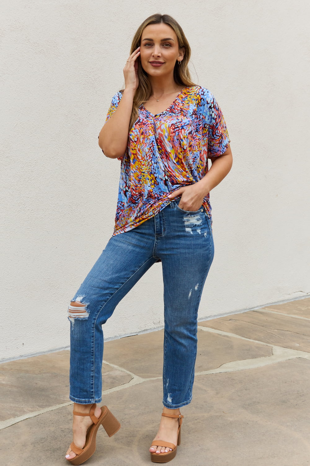 Be Stage Full Size Printed Dolman Flowy Top - Lilixa.store