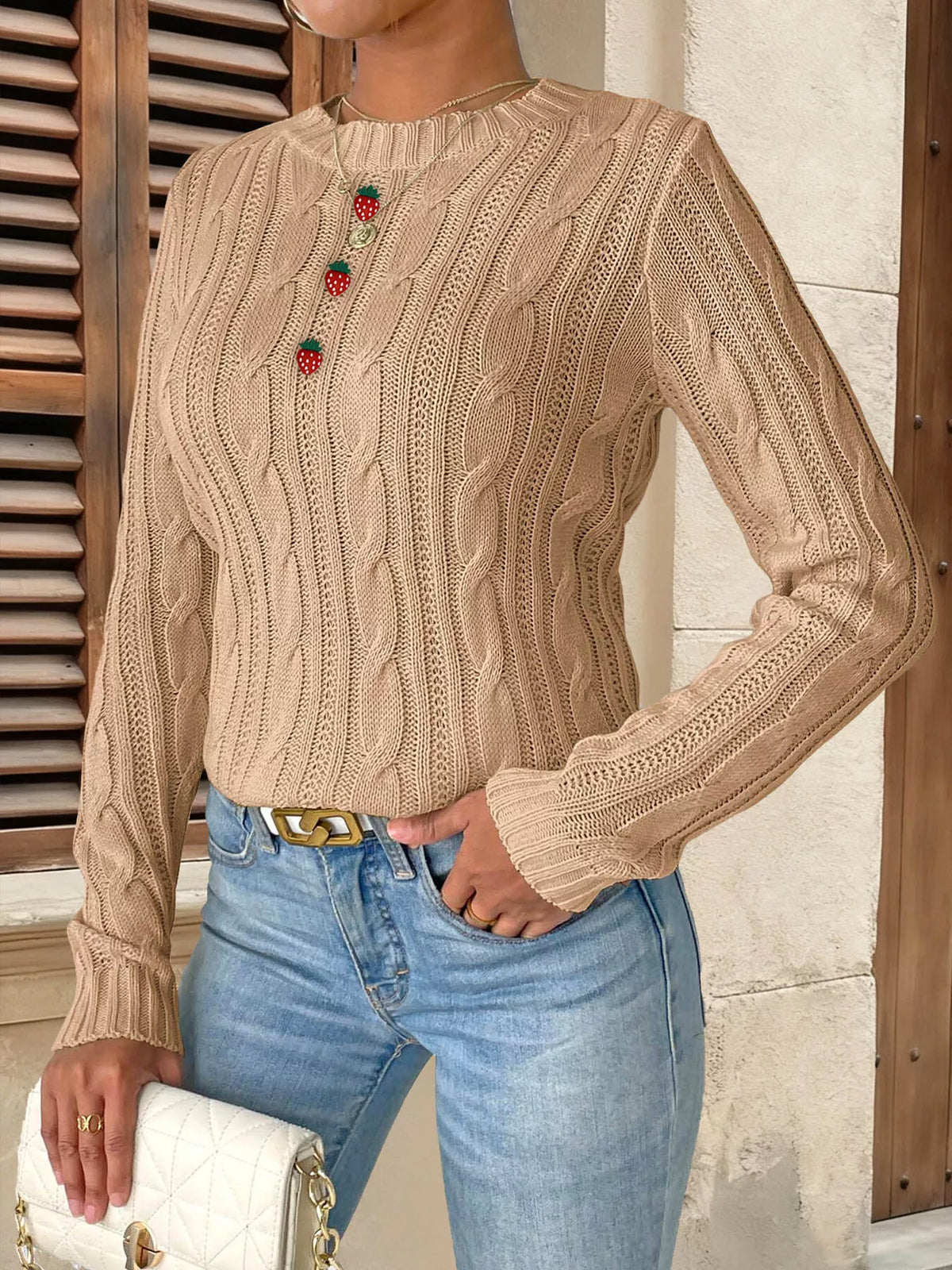 Strawberry Embellished Cable Knit Round Neck Sweater, view 7