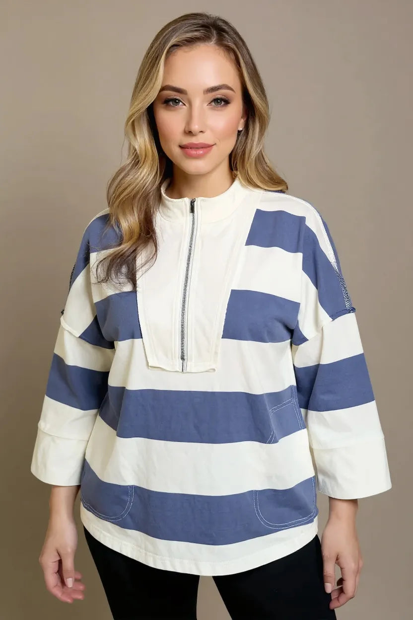 Oh Pima Cotton Wash Striped Half Zip Mock Neck Long Sleeve Top - Lilixa.store