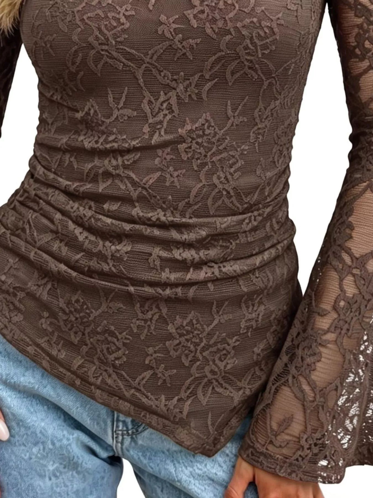 Floral Lace Long Sleeve Blouse with Flared Cuffs, view 6