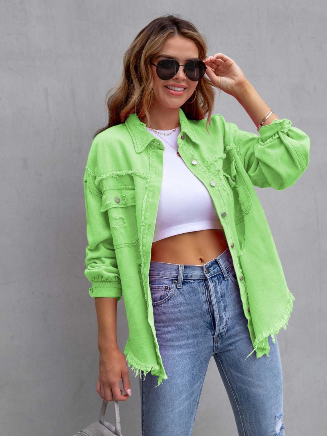 Distressed Drop Shoulder Denim Jacket - Lilixa.store