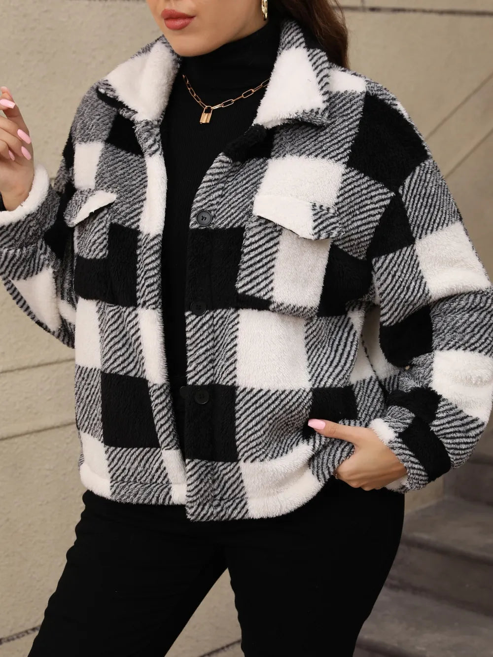 Plus Size Pocketed Plaid Collared Neck Jacket in Black, view 7