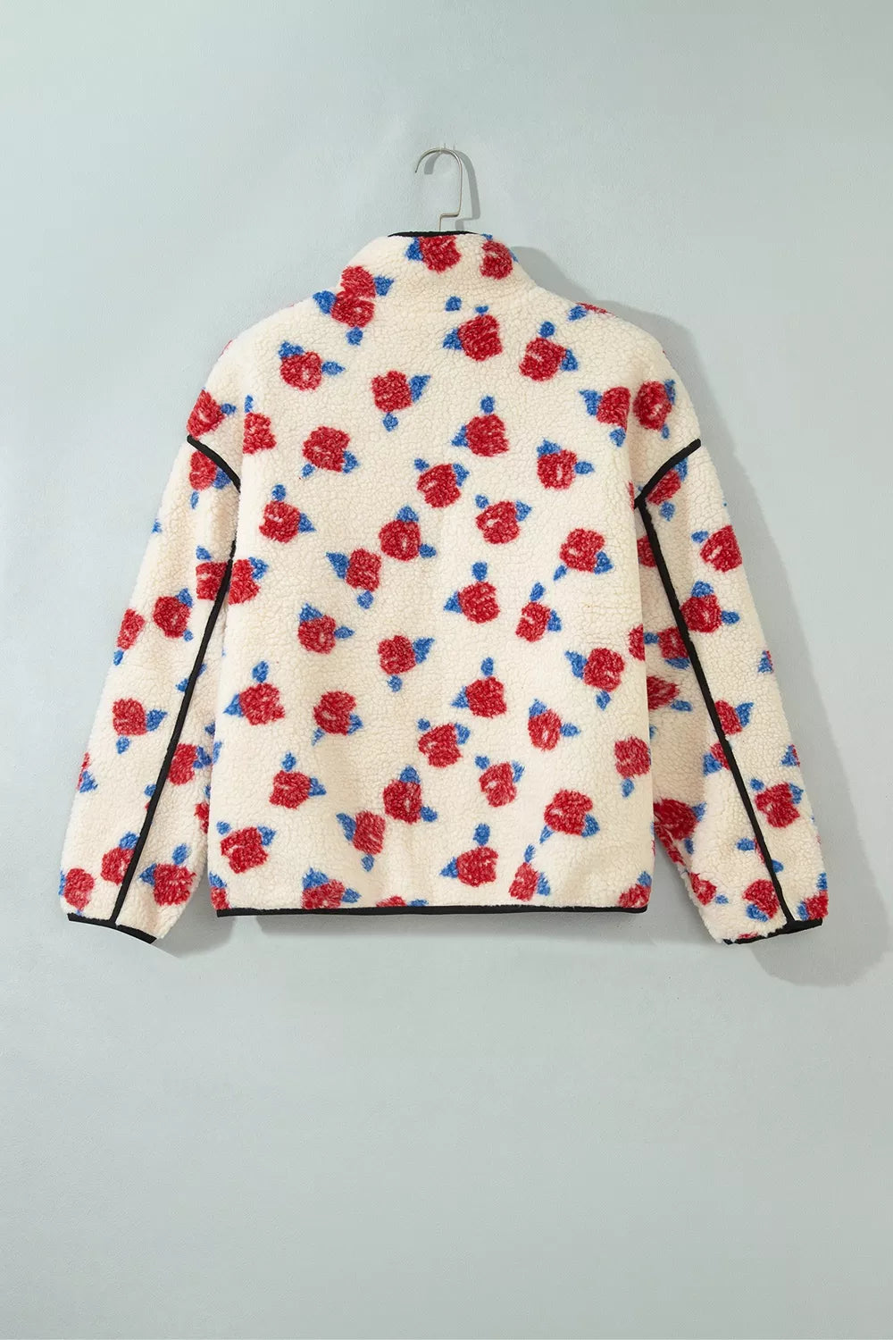 Floral Print Zipper Stand Neck Outerwear Fleece Coat in Scarlet, view 7