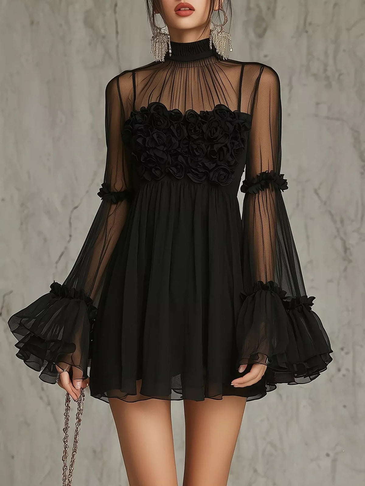 Sheer Mesh Rose Applique Mini Dress - Lilixa.store