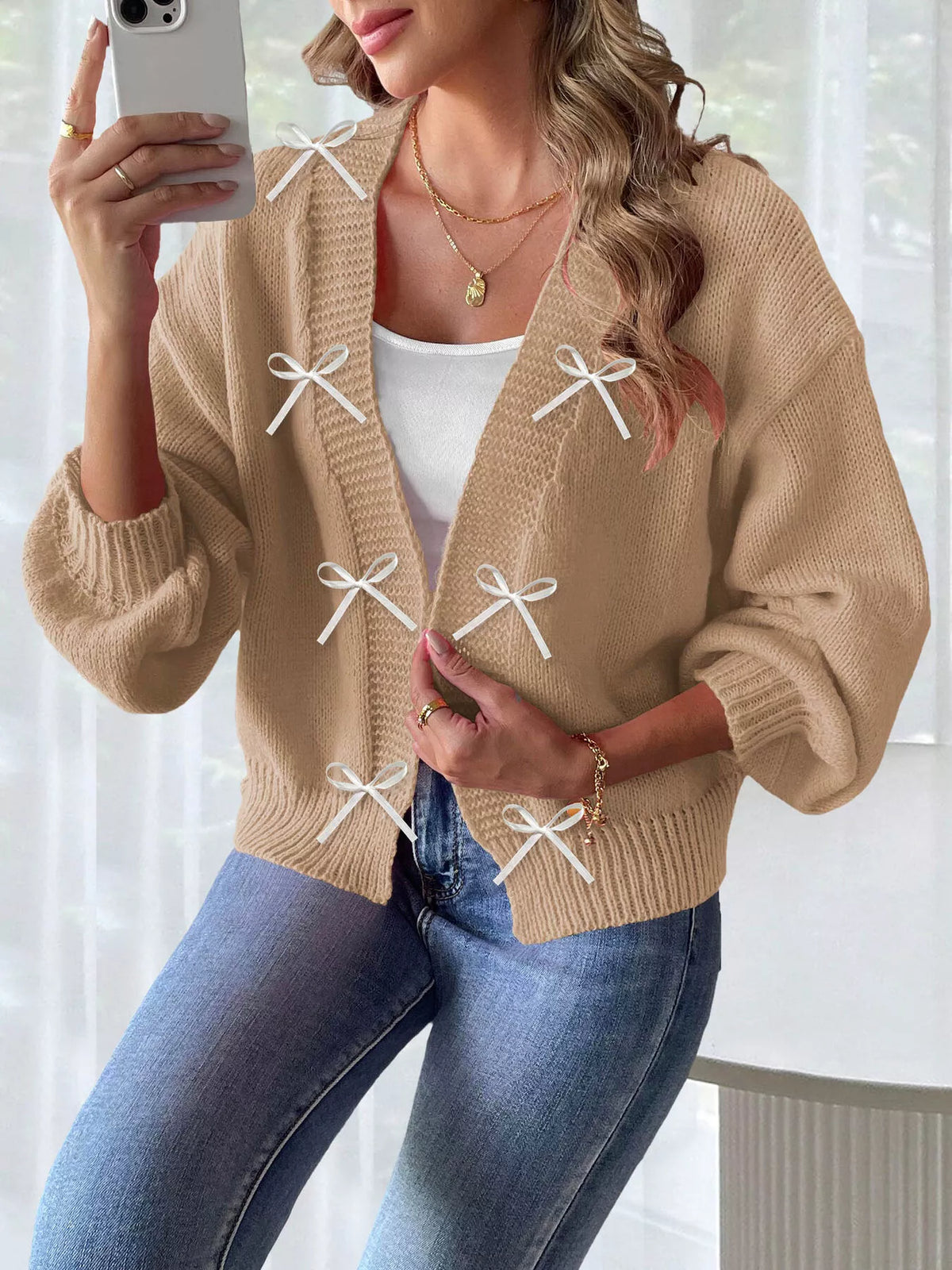 Bow-Tie Open Front Knit Cardigan - Lilixa.store
