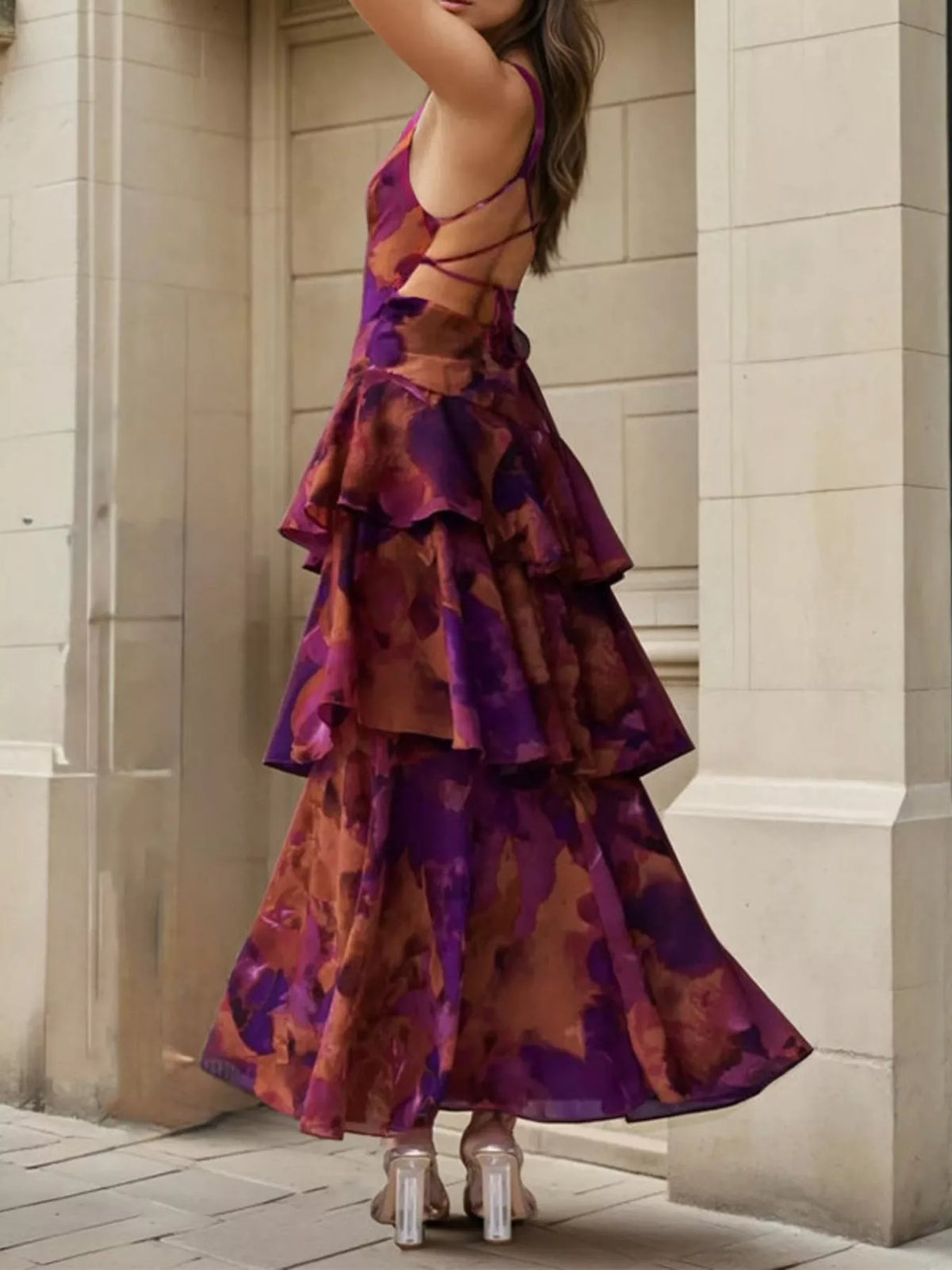 Floral V-Neck Ruffle Layered Maxi Dress - Lilixa.store