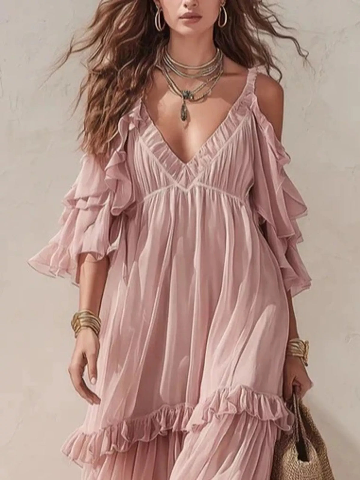 Cold-Shoulder Ruffled Maxi Dress