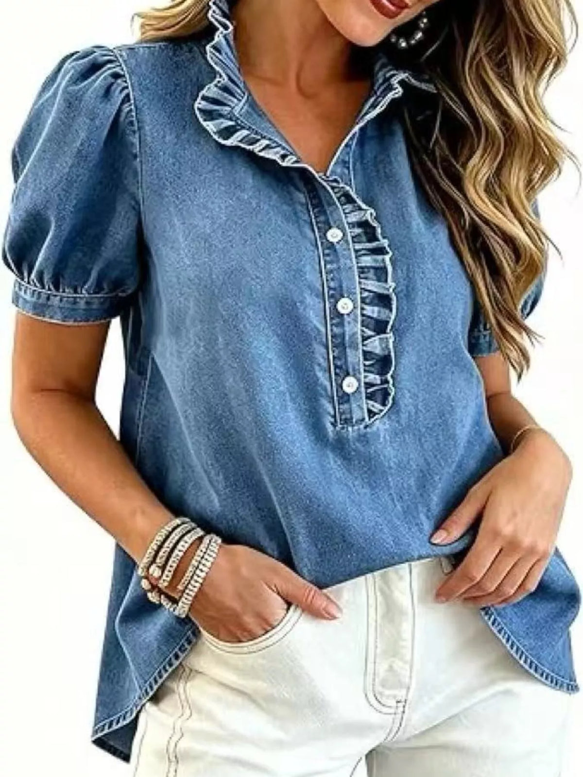 Frill Puff Sleeve Denim Top - Lilixa.store