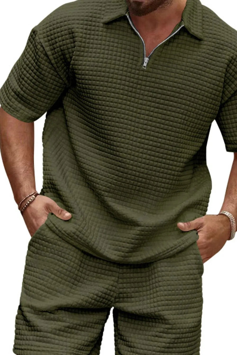 Men's Full Size Zip Collar Short Sleeve Top and Shorts Set Plus Size in Army Green