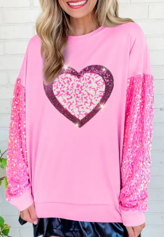 Valentine’s Day Sequin Heart Long Sleeve Sweatshirt - Lilixa.store