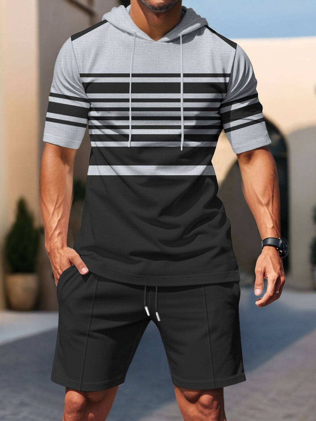 Men's Full Size Striped Short Sleeve Hoodie and Shorts Set Plus Size - Lilixa.store