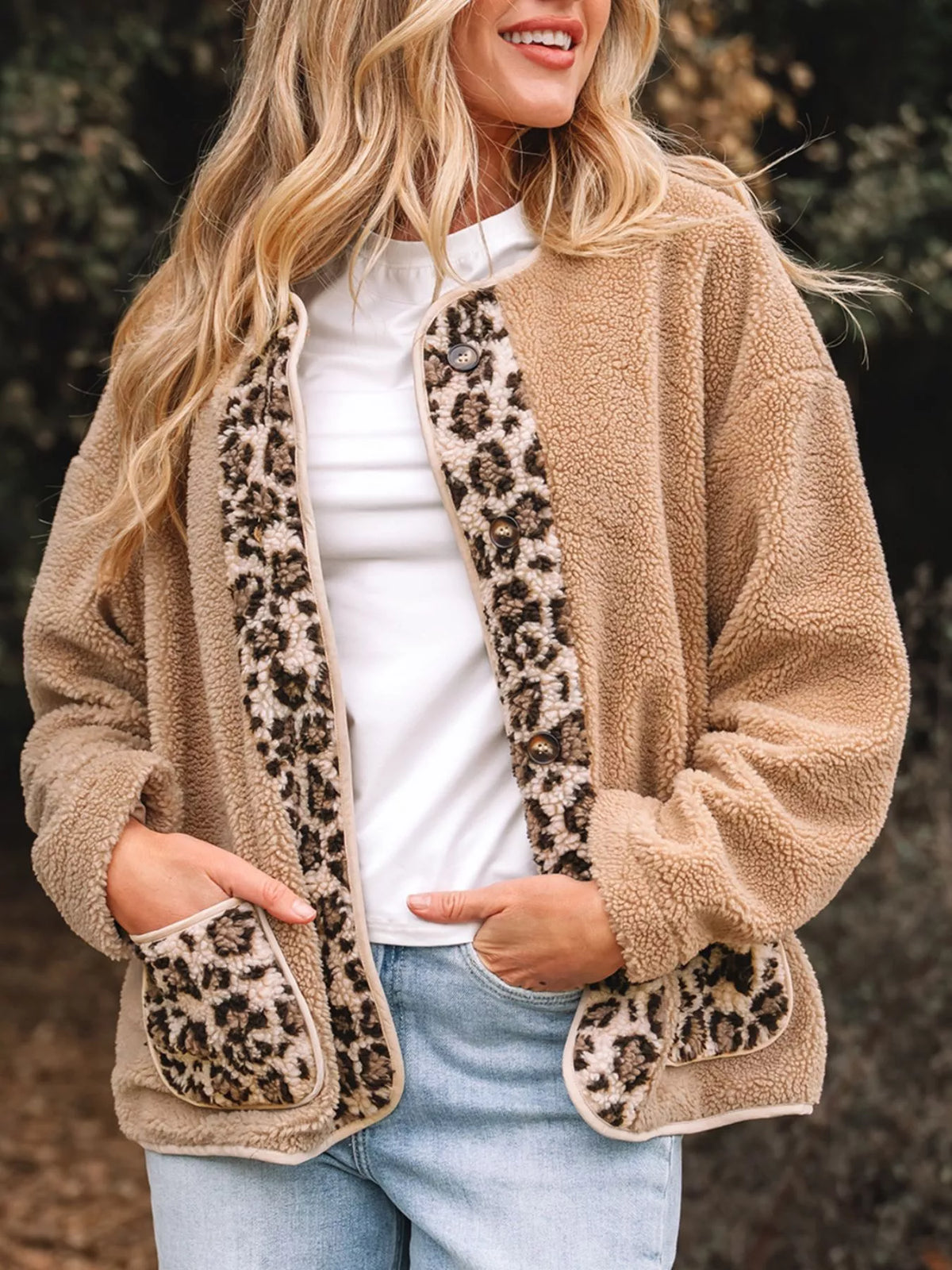 Casual Leopard Print Accent Plush Jacket with Pockets in Camel