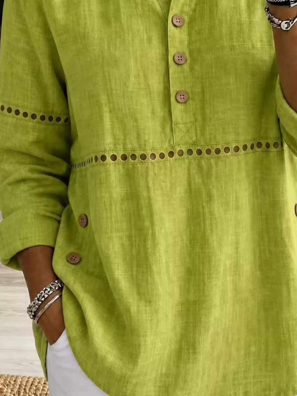Full Size Button Detail Eyelet Long Sleeve Blouse Plus Size - Lilixa.store