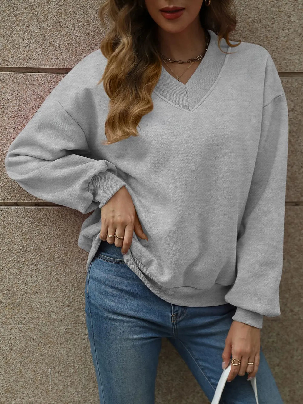 V-Neck Long Sleeve Dropped Shoulder Sweatshirt in Light Gray