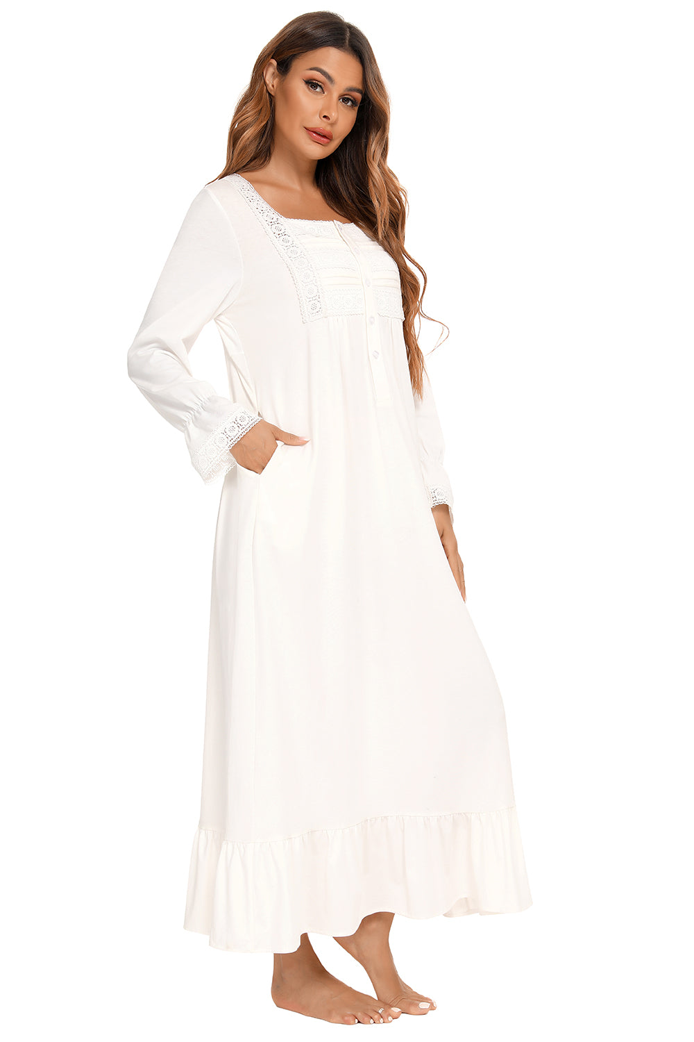 Lace Detail Square Neck Flounce Sleeve Night Dress - Lilixa.store