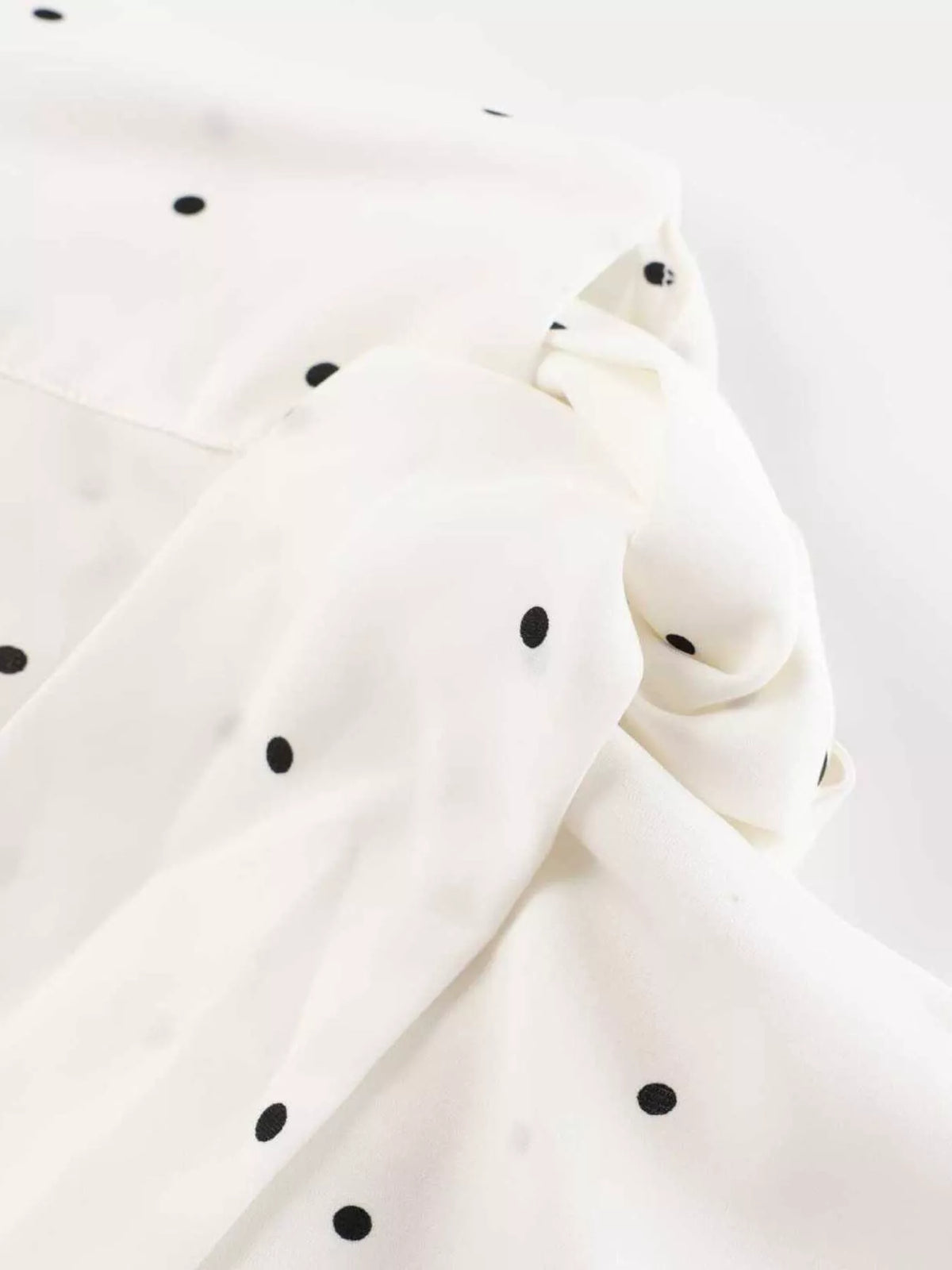 Polka Dot Silk Blouse with Scarf Neck Tie in White, view 12