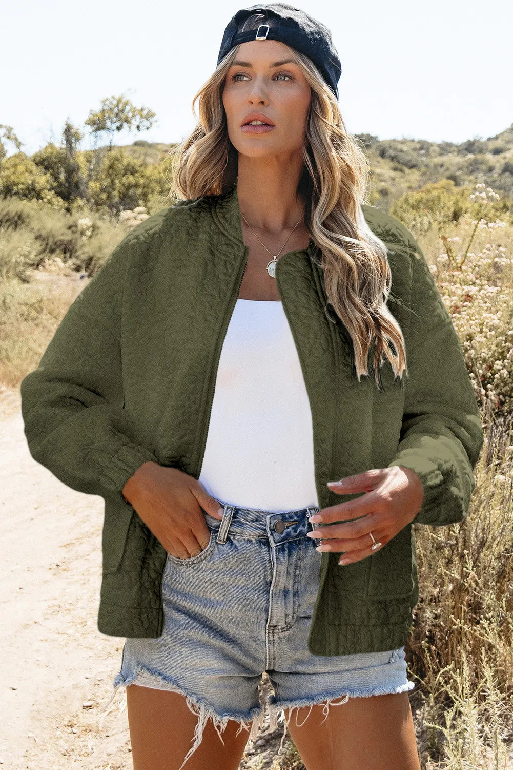 Baseball Collar Floral Quilted Jacket in Moss