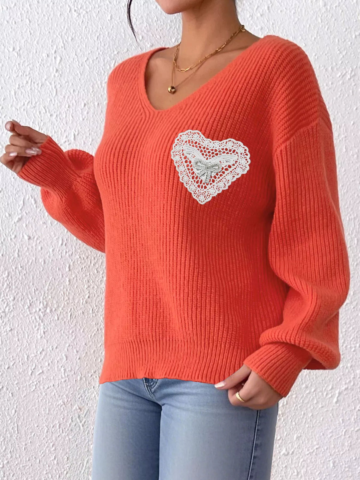 Lace Heart Dropped Shoulder Sweater