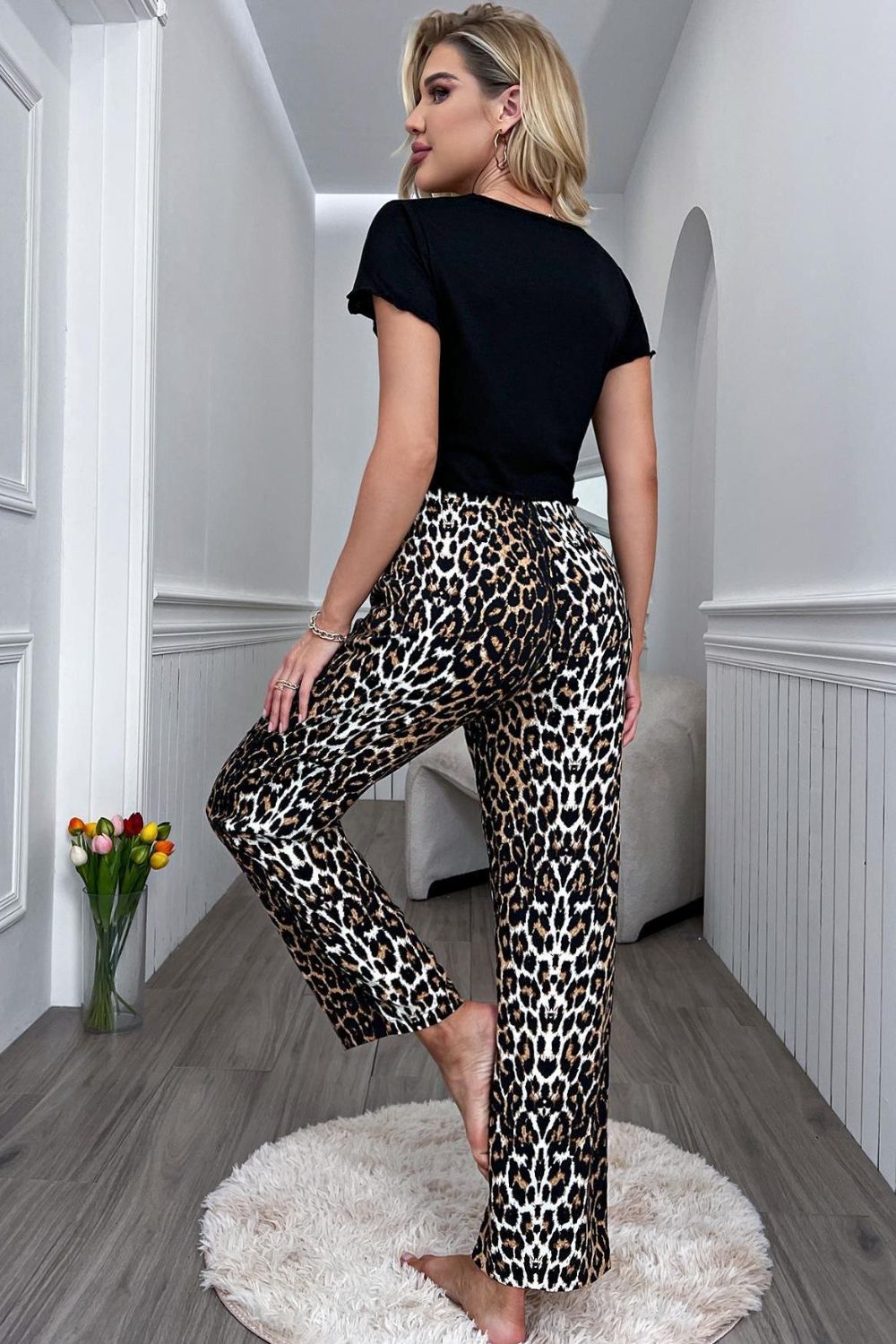 Lettuce Trim Cropped T-Shirt and Leopard Pants Lounge Set - Lilixa.store